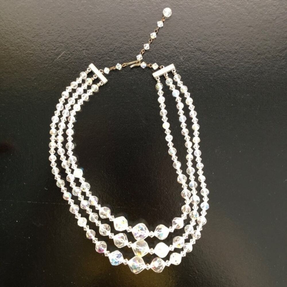 Vintage 3 Strand Plastic Clear Iridescent Bead Rhinestone Metal Hook Necklace